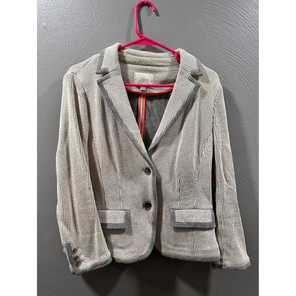 Ann Taylor LOFT Womens Medium Cotton Striped Blazer Jacket Textured Grey Cream